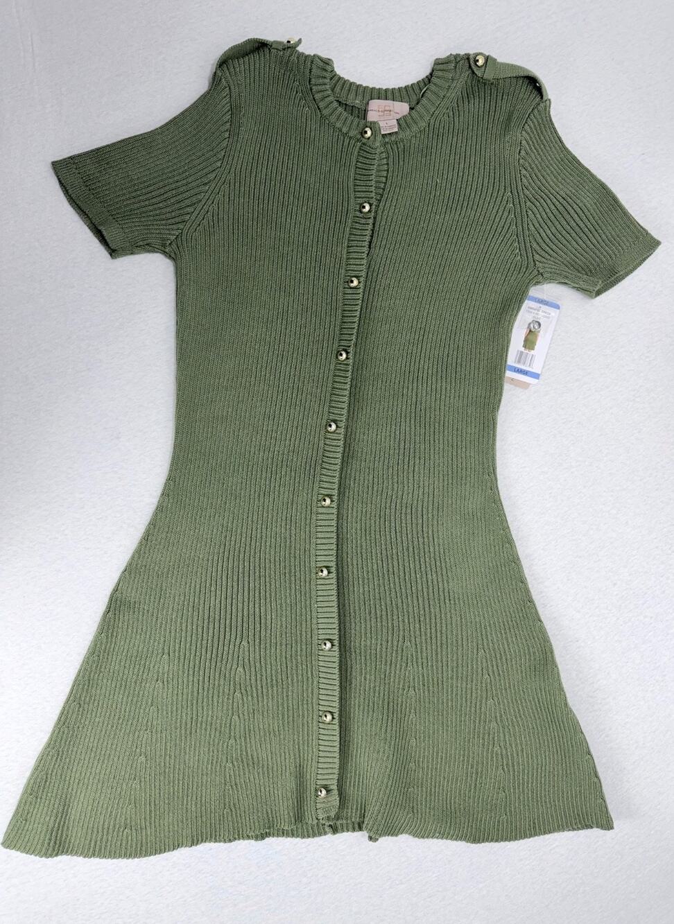 French Connection Women's Sweater Dress Ribbed Button Front Size L Olive Green